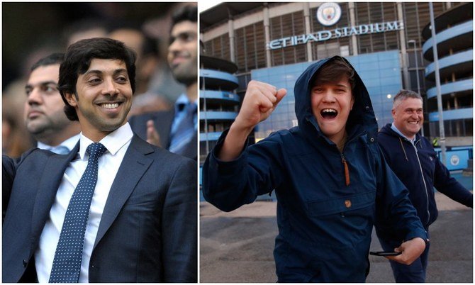 Manchester City owner Sheikh Mansour (left) is to pay the travel costs of the newly crowned English champions’ fans attending the Champions League final in Portugal. (AFP/File)