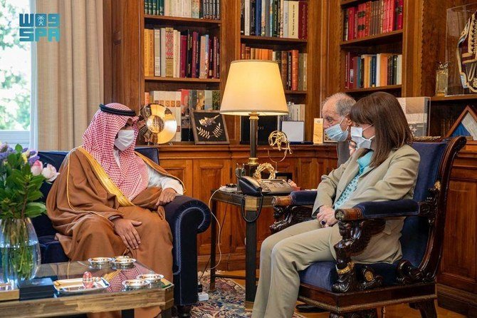 Saudi Arabia’s culture minister meets with Greek President Katerina Sakellaropoulou on Wednesday. (SPA)