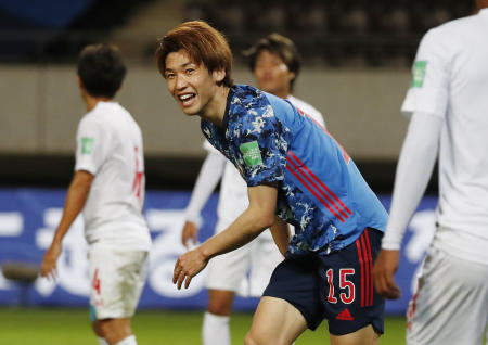 Japan's Yuya Osako celebrates scoring their fourth goal and completing his hat-trick. (Reuters)