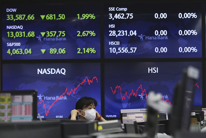 A currency trader watches monitors at the foreign exchange dealing room of the KEB Hana Bank headquarters in Seoul, South Korea, Thursday, May 13, 2021. (AP)