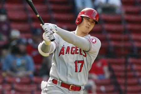Los Angeles Angels' Shohei Ohtani takes a practice swing during the first inning of a baseball game against the Boston Red Sox, Saturday, May 15, 2021, in Boston. (AP)