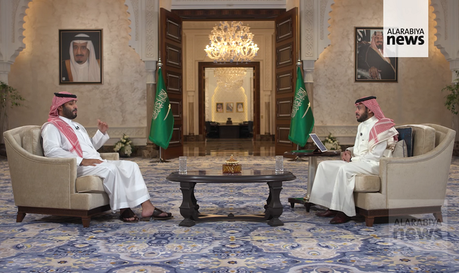 Crown Prince Mohammed bin Salman is interviewed by Saudi journalist Abdullah Al-Mudaifer. (Screengrab Al-Arabiya)