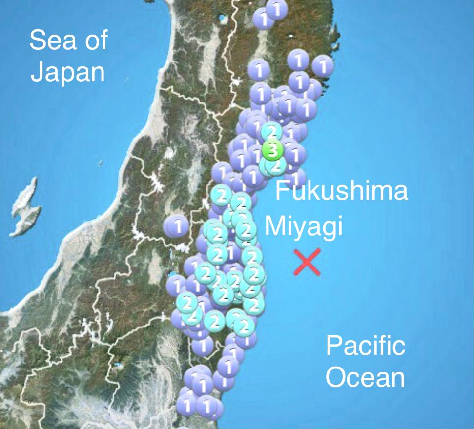 Earthquakes hit off the coast of Fukushima Prefecture and Miyagi Prefecture on May. 16, 2021. (Japan Meteorological Agency)