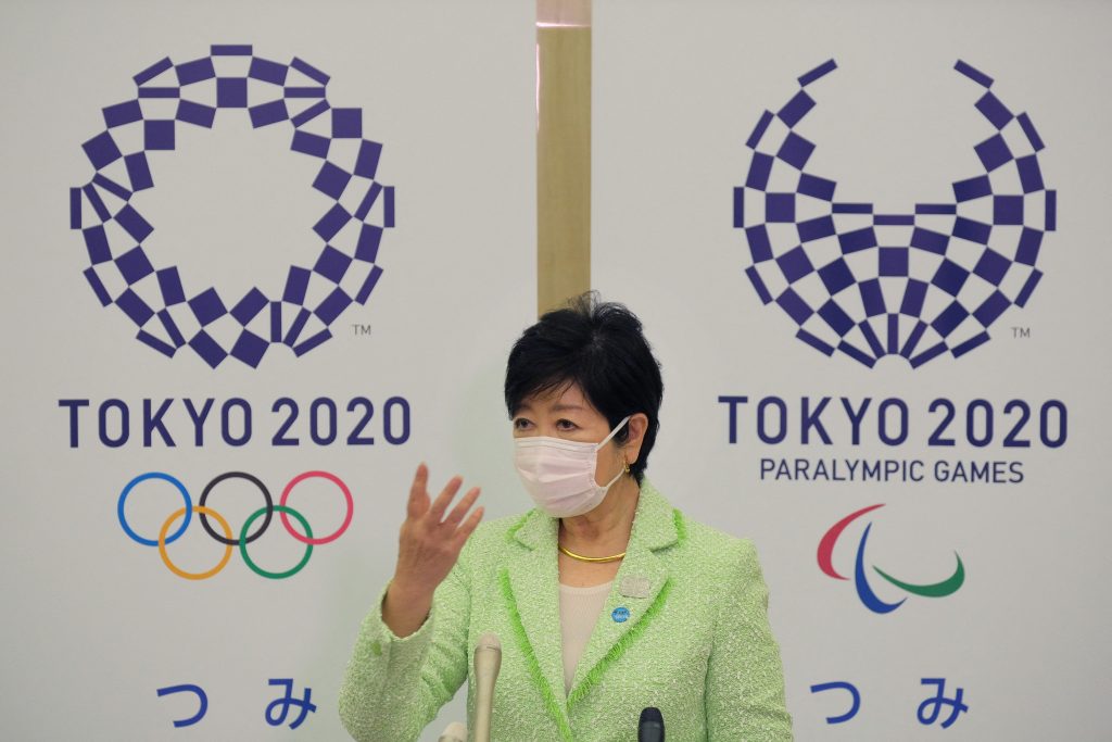 Tokyo Gov. Yuriko Koike says plans to hold mass public viewings of the Olympics at six sites have been canceled. (AFP)