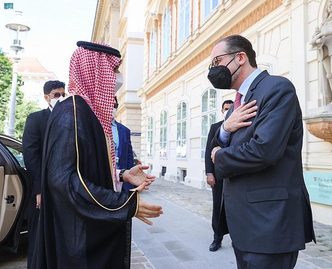 Saudi Arabia’s Prince Faisal bin Farhan meets his Austrian counterpart Alexander Schallenberg during his official visit to Vienna. (SPA)