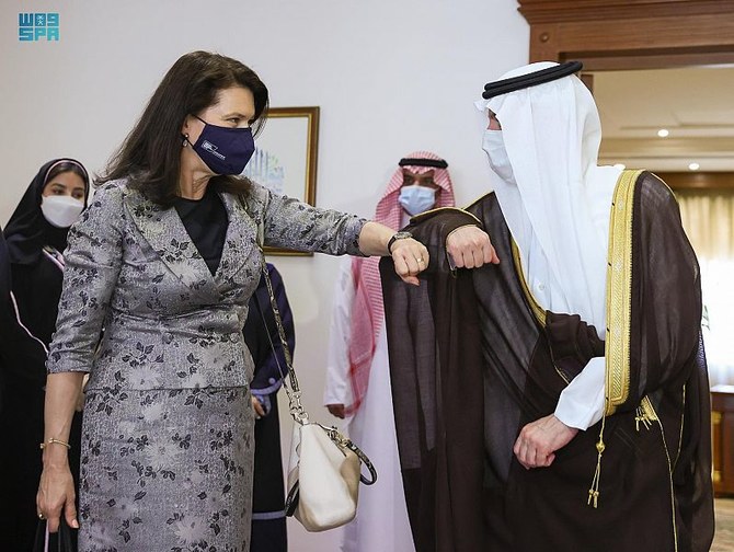 Swedish Foreign Minister Ann Linde meets Saudi Minister of State for Foreign Affairs Adel Al-Jubeir. (SPA)