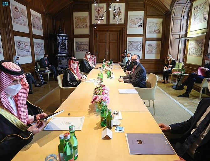 Saudi Arabia’s Prince Faisal bin Farhan meets his Austrian counterpart Alexander Schallenberg during his official visit to Vienna. (SPA)