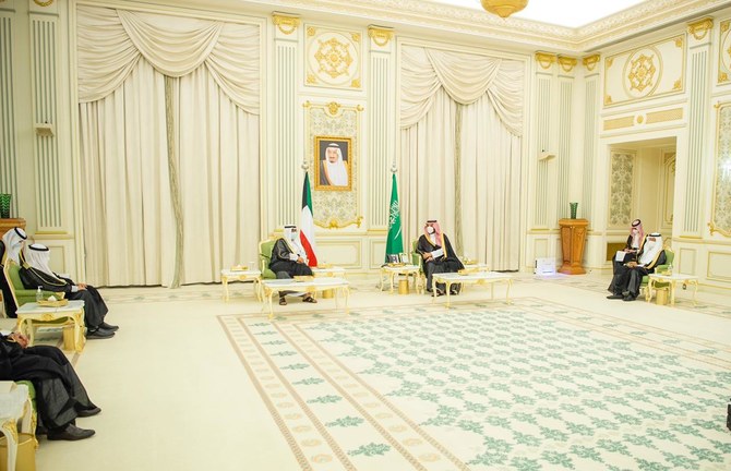Saudi Arabia’s Crown Prince Mohammed bin Salman receives his Kuwaiti counterpart Sheikh Meshal Al-Ahmed Al-Jaber Al-Sabah in Riyadh. (SPA)