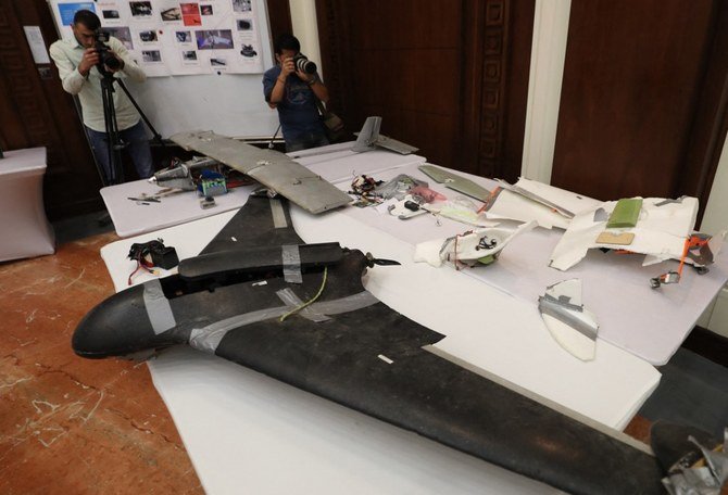 A drone Emirati armed forces say were used by Houthis in Yemen in battles against the coalition forces led by the UAE and Saudi Arabia in Abu Dhabi on June 19, 2018. (File/AFP)