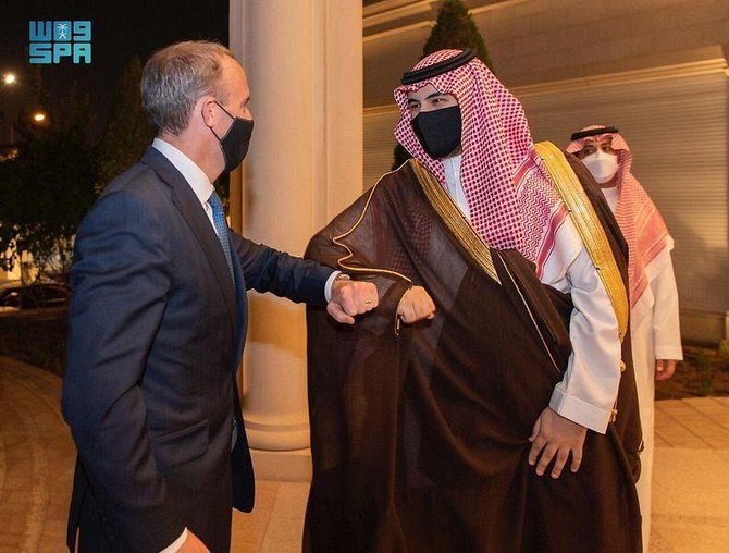 UK Foreign Secretary, Dominic Raab, met with Saudi Arabia’s Deputy Minister of Defense, Prince Khalid bin Salman bin Abdulaziz, on Monday. (SPA)
