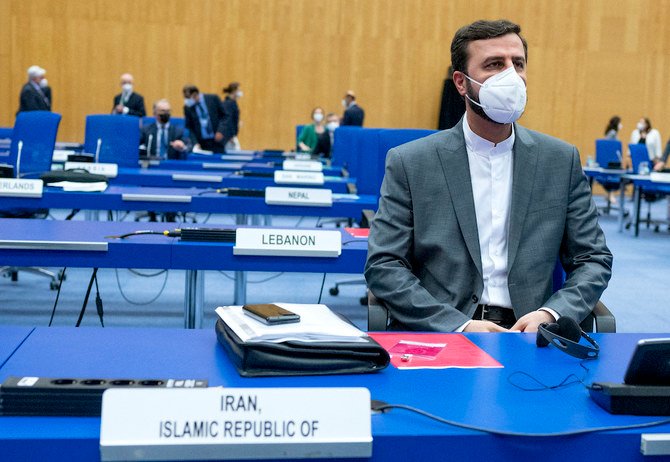 Iran’s Governor to the International Atomic Energy Agency (IAEA) Kazem Gharib Abadi attends the IAEA Board of Governors meeting at the agency’s headquarters in Vienna, Austria on June 7, 2021. (AFP)