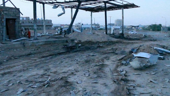 This picture taken on June 5, 2021 shows a view of the scene of a missile strike by the Houthi militia at a petrol station in Yemen’s city of Marib. (AFP)