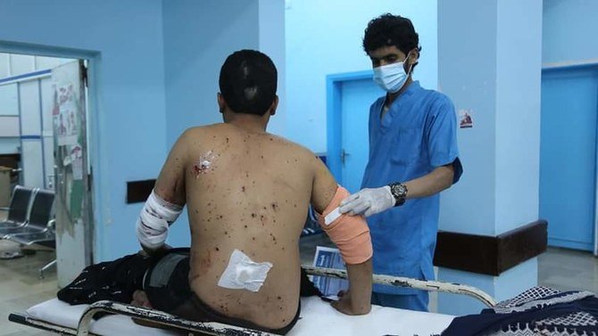 Civilians wounded in a Houthi missile strike in Marib on Thursday receive treatment at local hospitals. (AN Photo)