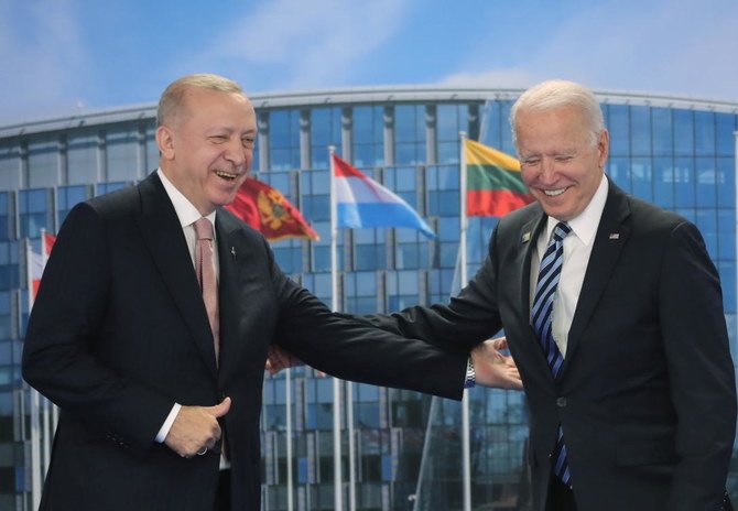 Turkish President Tayyip Erdogan meets with US President Joe Biden on the sidelines of the NATO summit in Brussels. (Reuters)