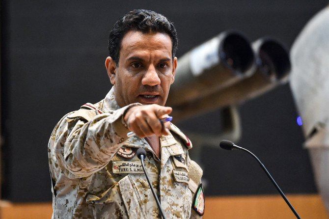 Arab coalition spokesman Col. Turki Al-Malki gives a press conference at the Armed Forces Officers club in Saudi Arabia’s capital Riyadh. (File/AFP)
