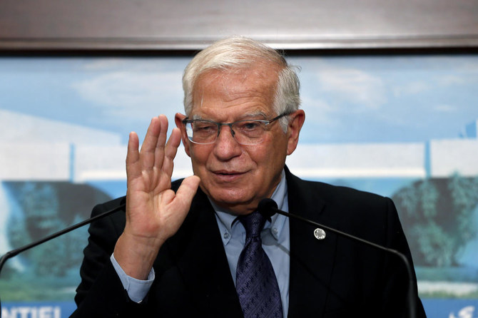 EU foreign policy chief Josep Borrell speaks during a press conference after his meeting with Lebanese President Michel Aoun at the Presidential Palace in Baabda, east of Beirut, Lebanon, Saturday, June. 19, 2021. (AP)