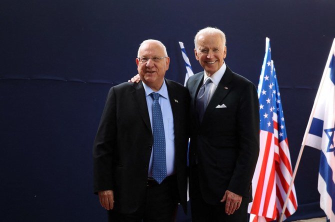 Israeli President Reuven Rivlin with the then vice president Joe Biden in Jerusalem in 2016. (AFP)