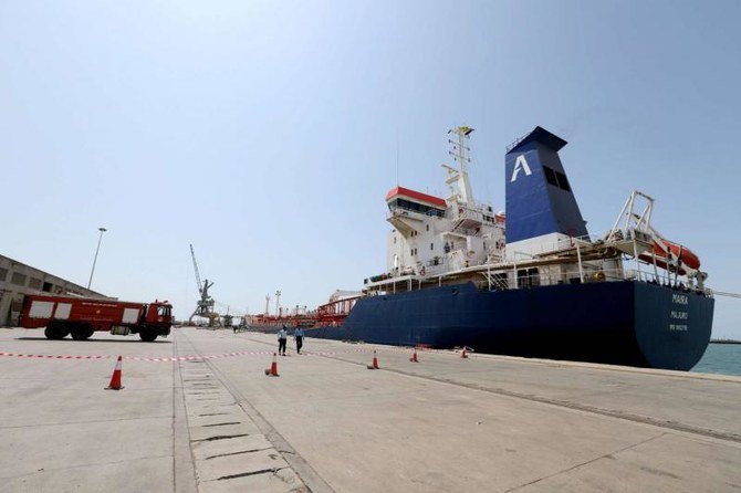An oil tanker docks at the port of Hodeidah, Yemen. (REUTERS)