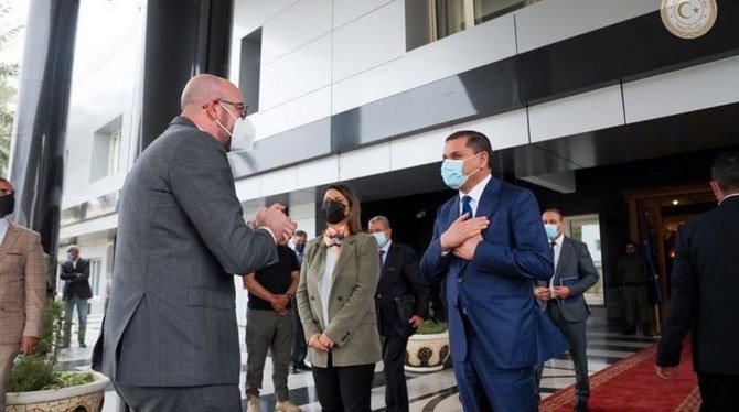 European Council President Charles Michel is welcomed by Libyan Prime Minister Abdulhamid Dbeibeh in Tripoli, Libya, April 4, 2021. (Reuters)