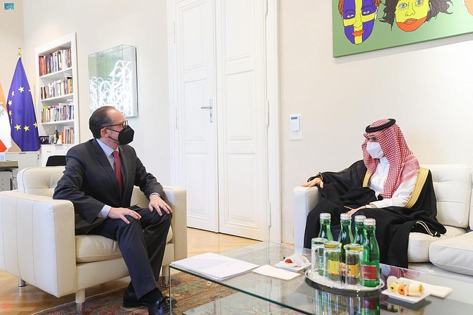 Saudi Arabia’s Prince Faisal bin Farhan meets his Austrian counterpart Alexander Schallenberg during his official visit to Vienna. (SPA)