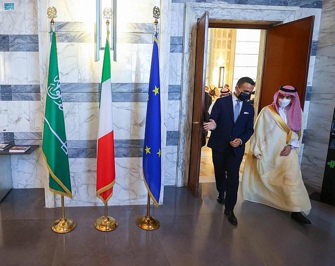 Saudi Arabian Foreign Minister Prince Faisal bin Farhan meets his Italian counterpart Luigi Di Maio in Rome. (SPA)