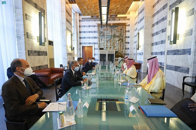 Saudi Arabian Foreign Minister Prince Faisal bin Farhan meets his Italian counterpart Luigi Di Maio in Rome. (SPA)