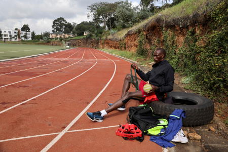Timothy Cheruiyot, winner of the 1500 meters gold medal at the 2019 World Athletics Championships in Doha, prepares for a training session in Nairobi, Kenya, May 8, 2021. (Reuters/file)
