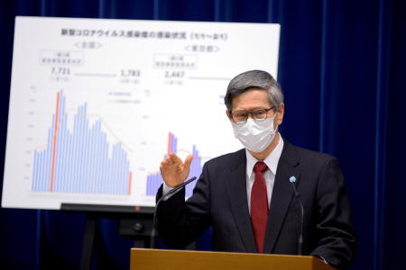 President of the Japan Community Healthcare Organization Shigeru Omi addresses a news conference on the coronavirus disease (COVID-19) situation in Tokyo, Japan, February 2, 2021. (Reuters)