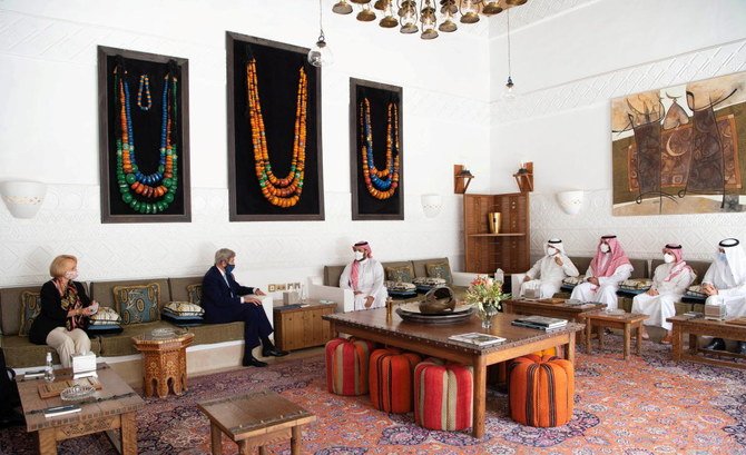 Saudi Crown Prince Mohammed bin Salman meets US Special Presidential Envoy for Climate John Kerry, in Riyadh, Saudi Arabia, June 16, 2021. (SPA)