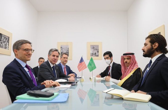 Prince Faisal bin Farhan and Antony Blinken meet on the sidelines of the G20 Foreign Affairs Ministers' meeting. (SPA)
