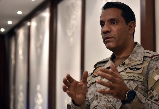 Spokesman of the Arab coalition Col. Turki Al-Maliki talks during an interview with AFP in the capital Riyadh. (File/AFP)