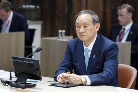 Japanese Prime Minister Yoshihide Suga attends a plenary session, during the G7 summit in Carbis Bay, England, Sunday, June 13, 2021. (AP)