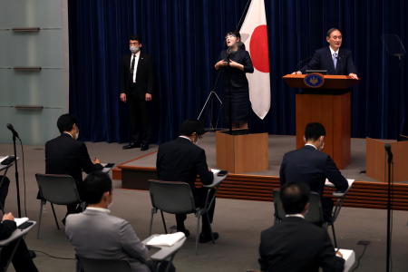 Japan's Prime Minister Yoshihide Suga speaks during a news conference after the government's decision to extend a state of emergency amid coronavirus disease (COVID-19) pandemic, at the prime minister's official residence in Tokyo, Japan May 28, 2021. (Reuters)