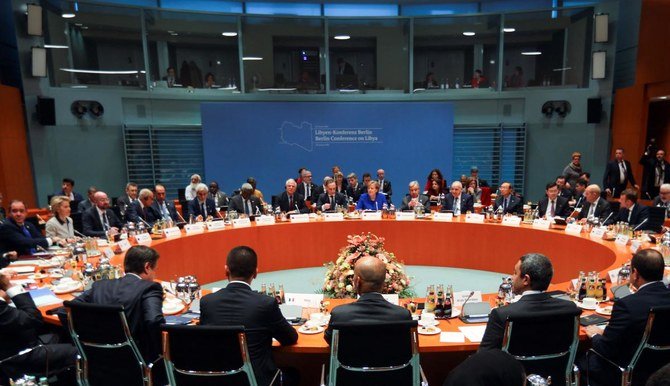 This file photo taken on January 19, 2020 shows a general view of participants attending the Peace summit on Libya at the Chancellery in Berlin. (AFP)