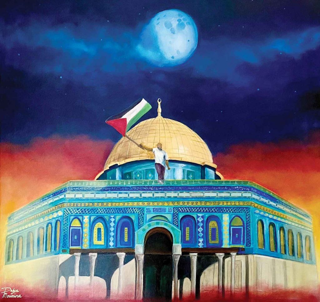 Inspired by her grandmother’s earliest memories of her house in Jerusalem when she was a child, Dalya Moumina created a vivid oil painting of the Dome of the Rock within Al-Aqsa Mosque and called it ‘Rise Again.’ (Social media)