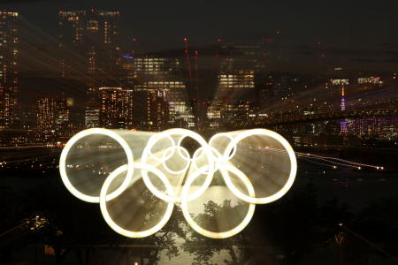 A general view of the Olympic Rings installed on a floating platform are seen in preparation for the Tokyo 2020 Olympic Games in Tokyo. (Reuters)