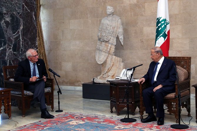 EU foreign policy chief Josep Borrell meets with Lebanon’s President Michel Aoun at the presidential palace in Baabda, Lebanon, June 19, 2021. (Reuters)