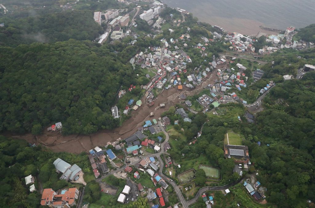 An aerial view from a Jiji Press helicopter shows the landslide site in Atami City, Shizuoka Prefecture on July 5, 2021. (AFP)