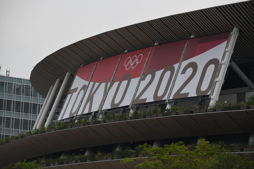 The logo of Tokyo 2020 is displayed at the National Stadium, main venue for the Tokyo 2020 Olympic and Paralympic Games in Tokyo. (AFP)