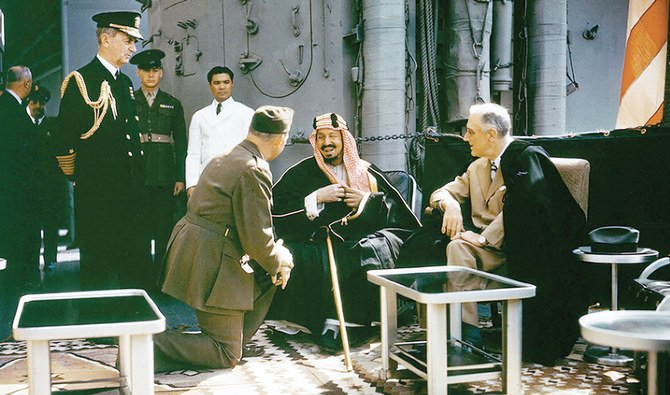 The founder of Saudi Arabia, King Abdul Aziz, with US President Franklin D. Roosevelt on board the USS Quincy in 1945. (Supplied)