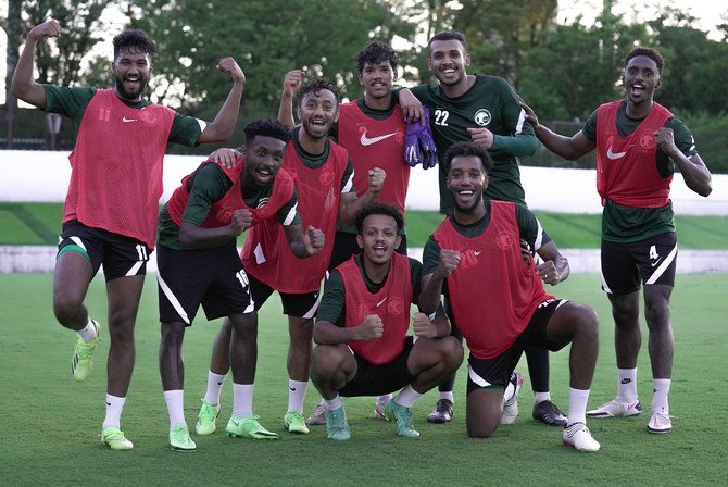Players from the Saudi Olympic football squad during a training session in Tokyo. (Saudi Olympic Committee)