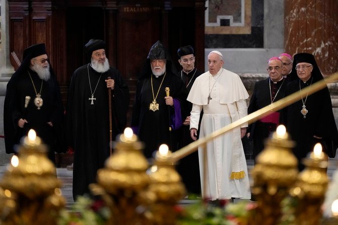 Members of Lebanon's churches walk with Pope Francis in St. Peter's Basilica to attend a prayer at the Vatican, Thursday, July 1, 2021. (AP/Gregorio Borgia)