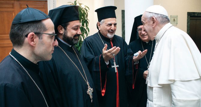 Pope Francis receives Lebanon’s Christian leaders on Thursday at the Altar of Confession in Saint Peter’s Basilica at the Vatican. (AFP)