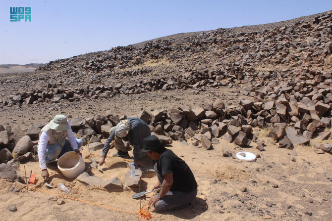 A team from the Heritage Authority is seen at work at an archaeological site in Al-Jawf region. (SPA)