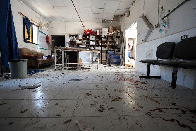 Blood stains are visible on June 13, 2021, in one of the rooms of the Al-Shifaa hospital, a day after it was hit by artillery shells in the rebel-held northern Syrian city of Afrin. (AFP/File Photo)