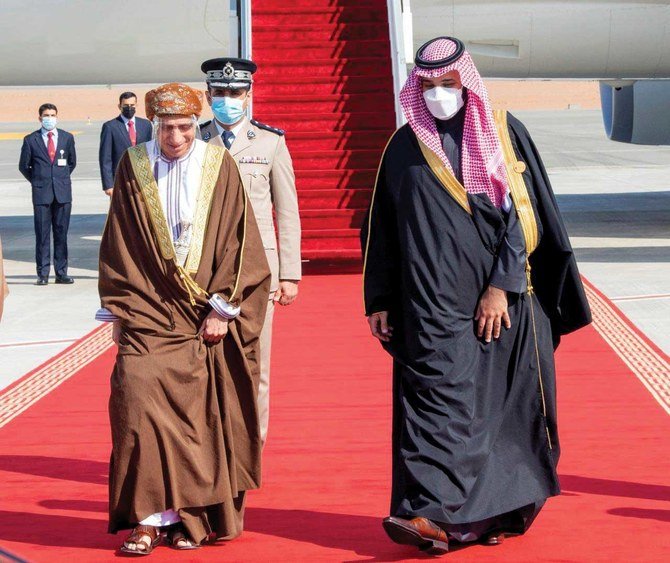 Saudi Crown Prince Mohammed bin Salman welcomes Omani Deputy PM Fahd bin Mahmoud Al-Said upon his arrival to attend the GCC’s 41st Summit in AlUla on Jan. 5, 2021. (SPA)