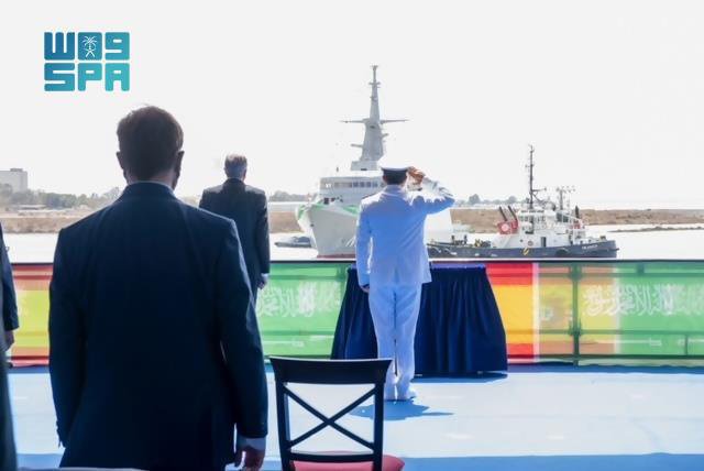Saudi and Spanish officials attend the unveiling of the latest Avante 2200 corvette for the Royal Saudi Naval Forces (RSNF) at the Navantia shipyard in Spain on July 24, 2021. (SPA)