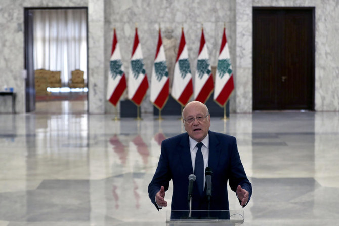 Lebanese Prime Minister-designate Najib Mikati, speaks to journalists after his meeting with Lebanese President Michel Aoun, at the Presidential Palace in Baabda, east of Beirut, Lebanon, Monday, July 26, 2021. (AP)