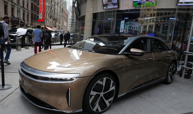 A Lucid Air Dream Edition is seen parked at the Nasdaq MarketSite in New York City, New York, US, July 26, 2021. (Reuters)