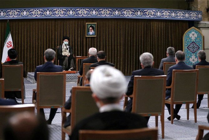 Iran's Supreme Leader Ayatollah Ali Khamenei meets with Iranian President Hassan Rouhani and his cabinet members, in Tehran, Iran July 28, 2021. (Reuters)